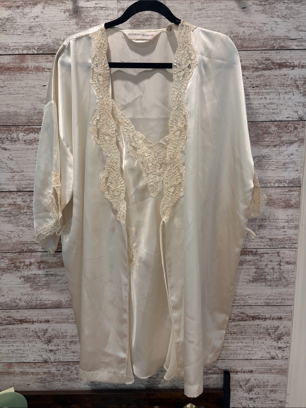 Victoria's Secret Cream Satin Lace-Trim Robe and slip
